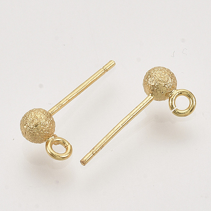 Brass Ball Stud Earring Findings, Nickel Free, with Loop, Real 18K Gold Plated, Textured