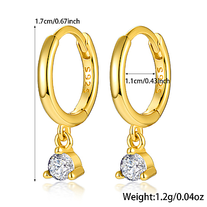 925 Sterling Silver Hoop Earrings, with Cubic Zirconia Diamond Charms, with S925 Stamp