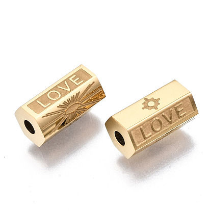 304 Stainless Steel Beads, Hexagonal Prism with Word Love