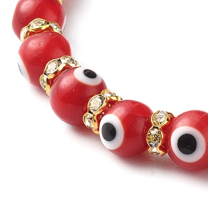 Handmade Evil Eye Lampwork Beaded Stretch Bracelets, with Flat Round Brass Rhinestone Beads