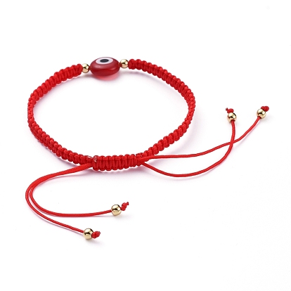 Adjustable Nylon Thread Braided Bead Bracelets, with Handmade Evil Eye Lampwork Beads and Brass Beads