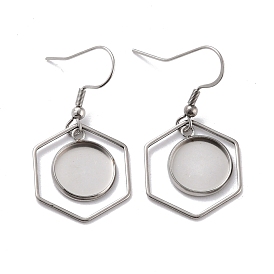 201 Stainless Steel Earring Hooks, with Hexagon Blank Pendant Trays, Flat Round Setting for Cabochon