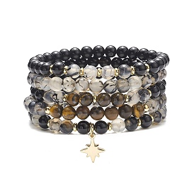 5Pcs 5 Style Natural Mixed Gemstone Round Beaded Stretch Bracelets Set, Brass Star Charms Stackable Bracelets for Women