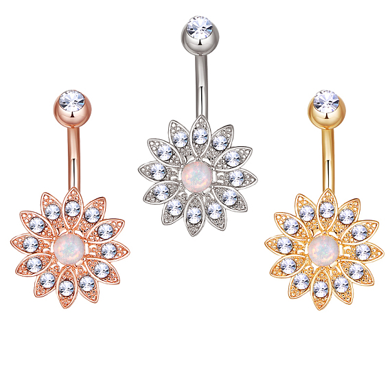 Bijoux piercing laiton, anneaux de ventre, avec strass de verre et opale, fleur