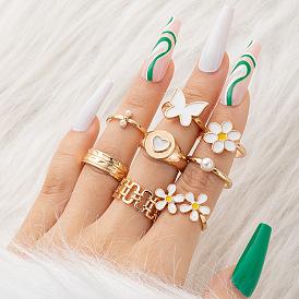 Geometric Flower Pearl Ring Set with Butterfly Heart Design - 8 Pieces