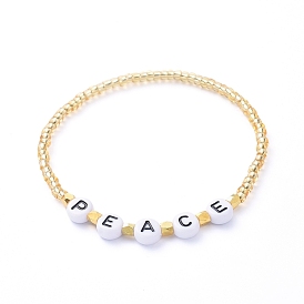 Glass Seed Beads Stretch Bracelets, with Acrylic Beads and Golden Plated Brass Spacer Beads, Word Peace
