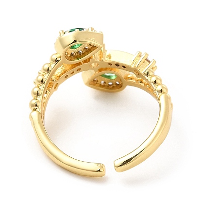 Green Cubic Zirconia Teardrop Open Cuff Ring, Rack Plating Brass Jewelry for Women, Cadmium Free & Lead Free
