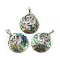 Natural Shell Pendants, with Platinum Tone Brass Findings, Flat Round with Ohm