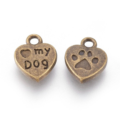 Tibetan Style Charms Pendants, Cadmium Free & Lead Free, Heart with word Love My Dog, 13x10x3mm, Hole: 2mm