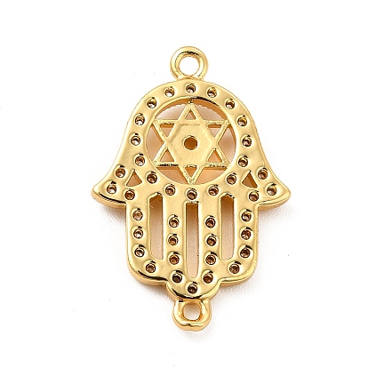Eco-Friendly Rack Plating Brass Micro Pave Clear Cubic Zirconia Connector Charms, Lead Free & Cadmium Free, Long-Lasting Plated, Religion Hamsa Hand Links