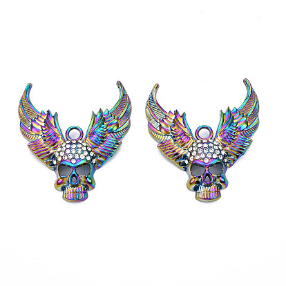 Gros pendentifs en alliage de couleur arc-en-ciel, avec strass, sans cadmium et sans plomb, crâne avec des ailes