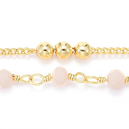 Handmade Brass Curb Chains, with Faceted Glass Links, Brass Beads and Spool, Soldered, Long-Lasting Plated, Real 18K Gold Plated