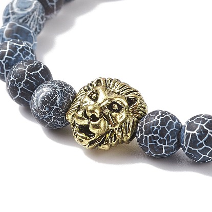 2 pcs 2 bracelets extensibles en perles rondes de style agate patinée naturelle (teintée) et oeil de tigre sertis de lion en alliage, bijoux en pierres précieuses pour femmes