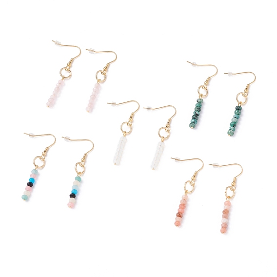 Perles de pierre mélangées naturelles et synthétiques pendent des boucles d'oreille, boucles d'oreilles à pampilles en pierre ronde, or