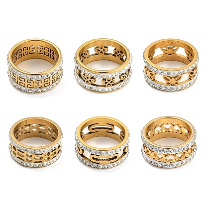 304 Stainless Steel Finger Rings for Women, with Crystal Rhinestone, Butterfly/Clover/Heart/Hexagon/Oval