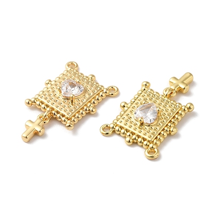 Rack Plating Brass Micro Pave Clear Cubic Zirconia Pendants, Lead Free & Cadmium Free, Rectangle with Cross Charm