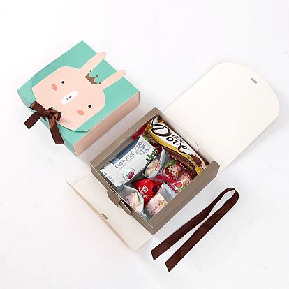 Cartoon Cardboard Paper Gift Box, with Ramdom Color Ribbon, Rectangle with Fox/Rabbit/Mole/Bear Pattern