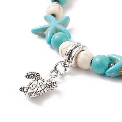 Bracelet à breloques tortue en alliage avec bracelet en perles d'étoile de mer turquoise synthétique (teint) pour femmes