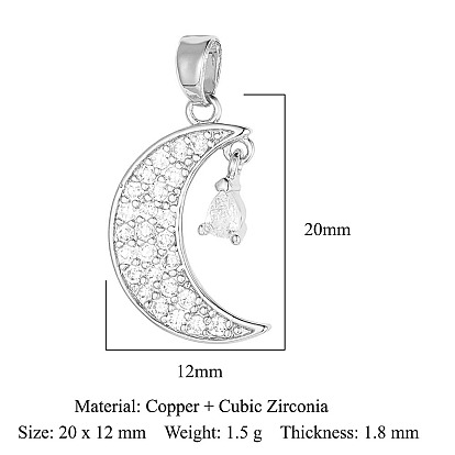 Brass Micro Pave Clear Cubic Zirconia Pendants, Moon Charms