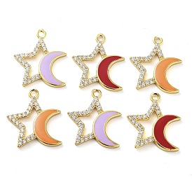 Brass Brass Micro Pave Cubic Zirconia Pendants, with Enamel, Real 18K Gold Plated, Star with Moon Charms
