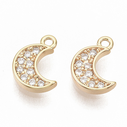 Brass Micro Pave Cubic Zirconia Charms, Nickel Free, Real 18K Gold Plated, Moon