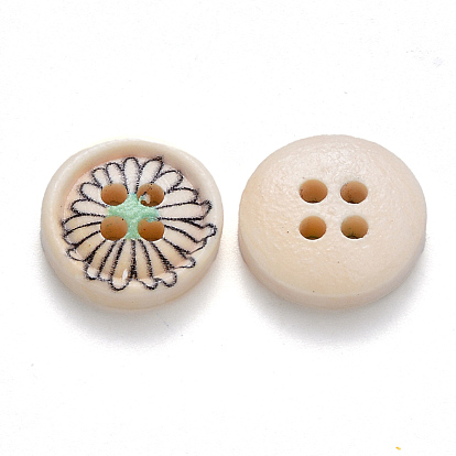 Boutons en bois de 2 trous , imprimé sur une seule face, plat et circulaire avec fleur