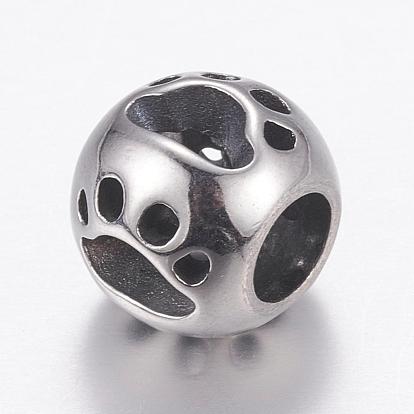 304 Stainless Steel European Beads, Large Hole Beads, Rondelle with Dog Footprint