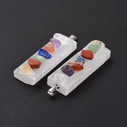Natural Selenite Rectangle Big Pendants, 7 Chakra Gems Chips Charms with Rack Plating Platinum Tone Brass Snap on Bails