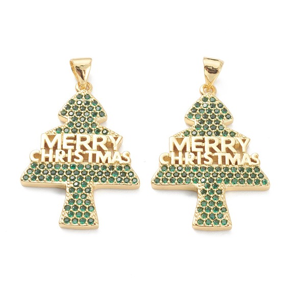 Brass Micro Pave Cubic Zirconia Pendants, Long-Lasting Plated, Real 18K Gold Plated, Christmas Tree with Word Merry Christmas