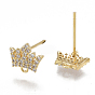 Brass Stud Earring Findings, with Loop, Cubic Zirconia, Nickel Free, Real 18K Gold Plated, Crown, Clear