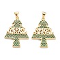 Brass Micro Pave Cubic Zirconia Pendants, Long-Lasting Plated, Real 18K Gold Plated, Christmas Tree with Word Merry Christmas