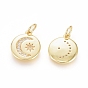 Brass Micro Pave Cubic Zirconia Pendants, with Jump Ring, Long-Lasting Plated, Flat Round with Star & Moon, Real 18K Gold Plated
