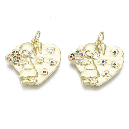 Brass Micro Pave Cubic Zirconia Pendants, Nickel Free, with Jump Rings, for Mother's Day, Heart with Girl, Colorful
