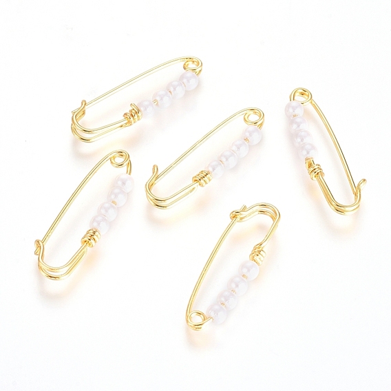 Brass Kilt Pin Brooch Findings, Long-Lasting Plated, with Shell Pearl Beads
