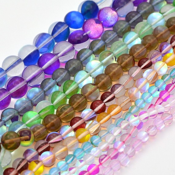 Brins de perles de lune synthétiques rondes, perles holographiques, teint