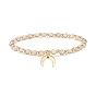 Natural Agate & Striped Agate Round Beads Stretch Bracelet, Bracelet, Crescent Moon Brass Charm Bracelet for Girl Women, Golden