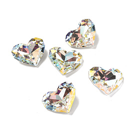 Light AB Style Glass Rhinestone Cabochons, Pointed Back & Back Plated, Faceted, Heart