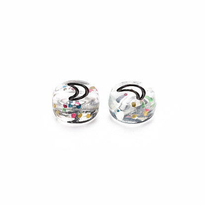 Perles acryliques transparentes transparentes, avec de la poudre de paillettes, plat rond avec lune noire & coeur & fleur & étoile