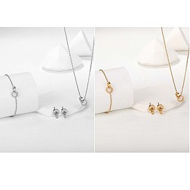 Stainless Steel Double Interlocking Ring Jewelry Set, Link Bracelets & Dangle Stud Earrings & Pendant Necklaces