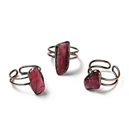 Natural Gemstone Irregular Nugget Open Cuff Rings, Red Copper Plated Brass Wire Wrap Ring for Women, Cadmium Free & Lead Free