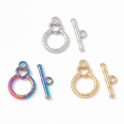 304 Stainless Steel Toggle Clasps, Flat Round with Heart