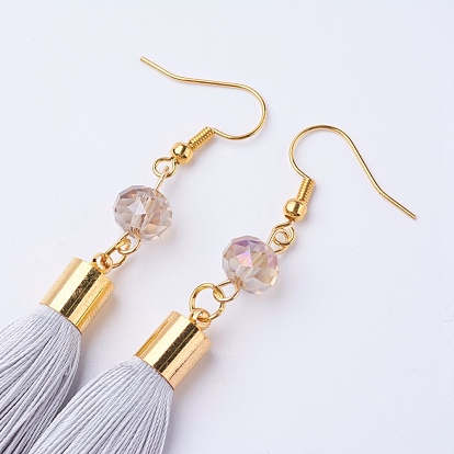 Ice Silk Thread Tassel Dangle Earrings, with Glass Beads and Brass Earring Hooks, Golden