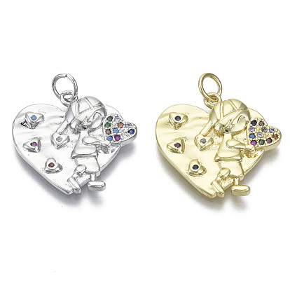 Brass Micro Pave Cubic Zirconia Pendants, Nickel Free, with Jump Rings, for Mother's Day, Heart with Boy, Colorful