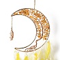 Copeaux d'aventurine jaune naturel perlé arbre de vie lune avec des décorations de pendentif en plumes, avec les accessoires en fer, pour l'ornement de la maison de jardin