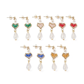 Glass Heart with Acrylic Flower Dangle Stud Earrings, Golden 304 Stainless Steel Wire Wrap Jewelry
