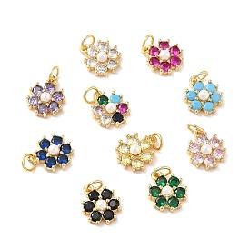 Rack Plating Brass Micro Pave Cubic Zirconia Charms, with Pearl, Cadmium Free & Lead Free, Real 18K Gold Plated, Flower