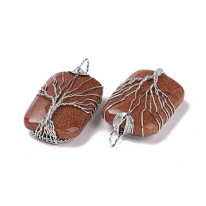 Gemstone Copper Wire Wrapped Pendants, Rectangle with Tree of Life Charms, Platinum