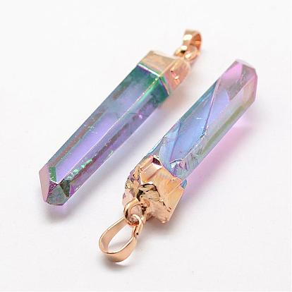 Electroplate Natural Quartz Crystal Pointed Pendants, with Brass Findings, Faceted, Bullet
