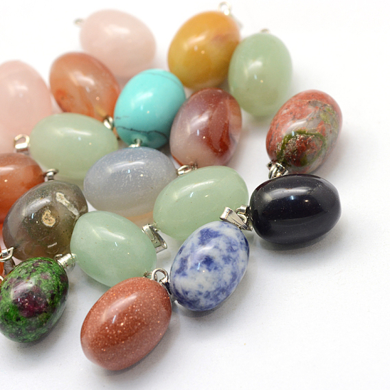 Oval Gemstone Pendants, with Platinum Tone Brass Findings, 21~22x12~14mm, Hole: 2x7mm