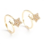 Adjustable Brass Micro Pave Clear Cubic Zirconia Cuff Rings, Open Rings, Star, Long-Lasting Plated